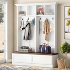 Farmhouse 4-in-1 Hall Tree with Wood Grain Bench, Mudroom Versatile Coat Rack with 2 Large Drawer, Entrance Organizer for Hallway, Living Room, White, 55.9'W (OLD SKU: N721P313099K) - Grand Goldman Shop