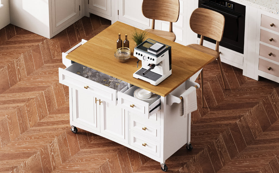 K&K 52'' Kitchen Island with Drop Leaf, Embossed Texture Kitchen Island on Wheels with Spice Rack, Towel Rack, 2 Doors and 5 Drawers, Kitchen Storage Cart with Adjustable Shelf for Kitchen, White - Grand Goldman Shop