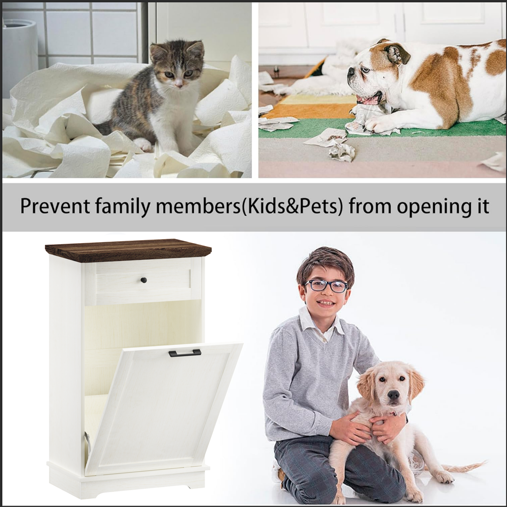 10 Gallon Tilt Out Trash Cabinet Freestanding Trash Bin Cabinet Wood Garbage Recycling Cabinet with Drawer Pet Proof Trash Can Holder for Kitchen Living Room, Antique White (Not include trash can) - Grand Goldman Shop