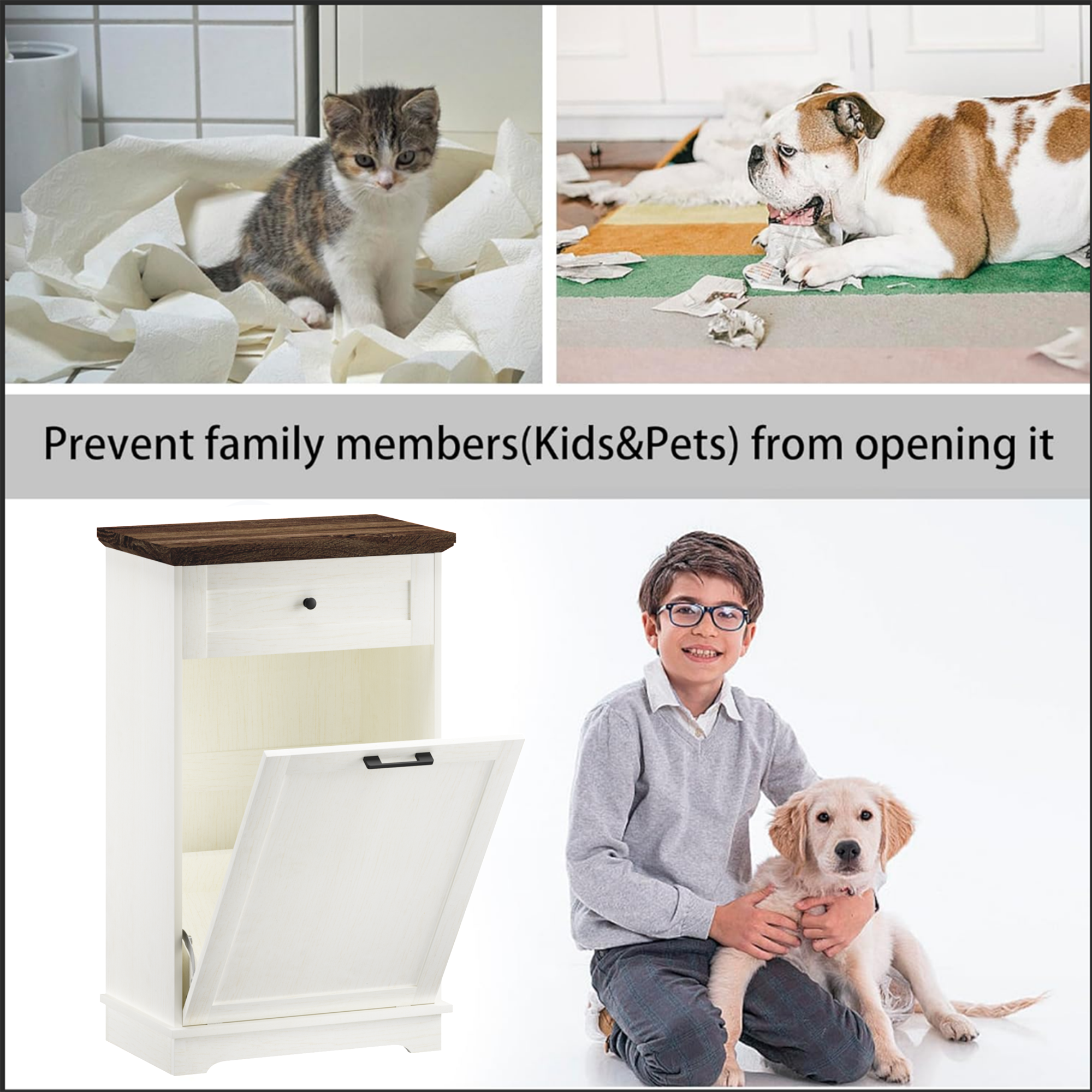 10 Gallon Tilt Out Trash Cabinet Freestanding Trash Bin Cabinet Wood Garbage Recycling Cabinet with Drawer Pet Proof Trash Can Holder for Kitchen Living Room, Antique White (Not include trash can) - Grand Goldman Shop