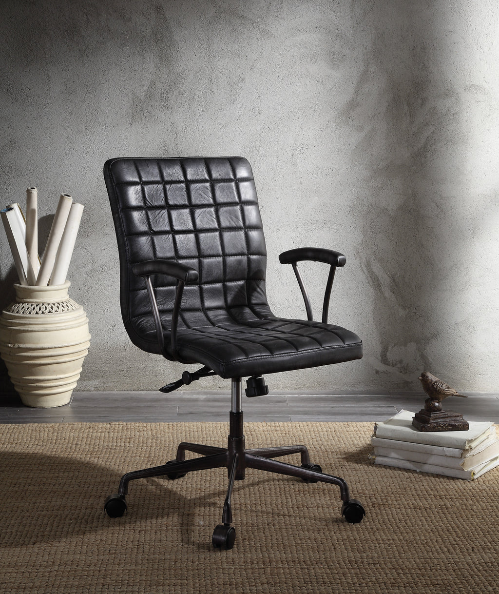 Barack Vintage Black Top Grain Leather & Aluminum Office Chair - Grand Goldman