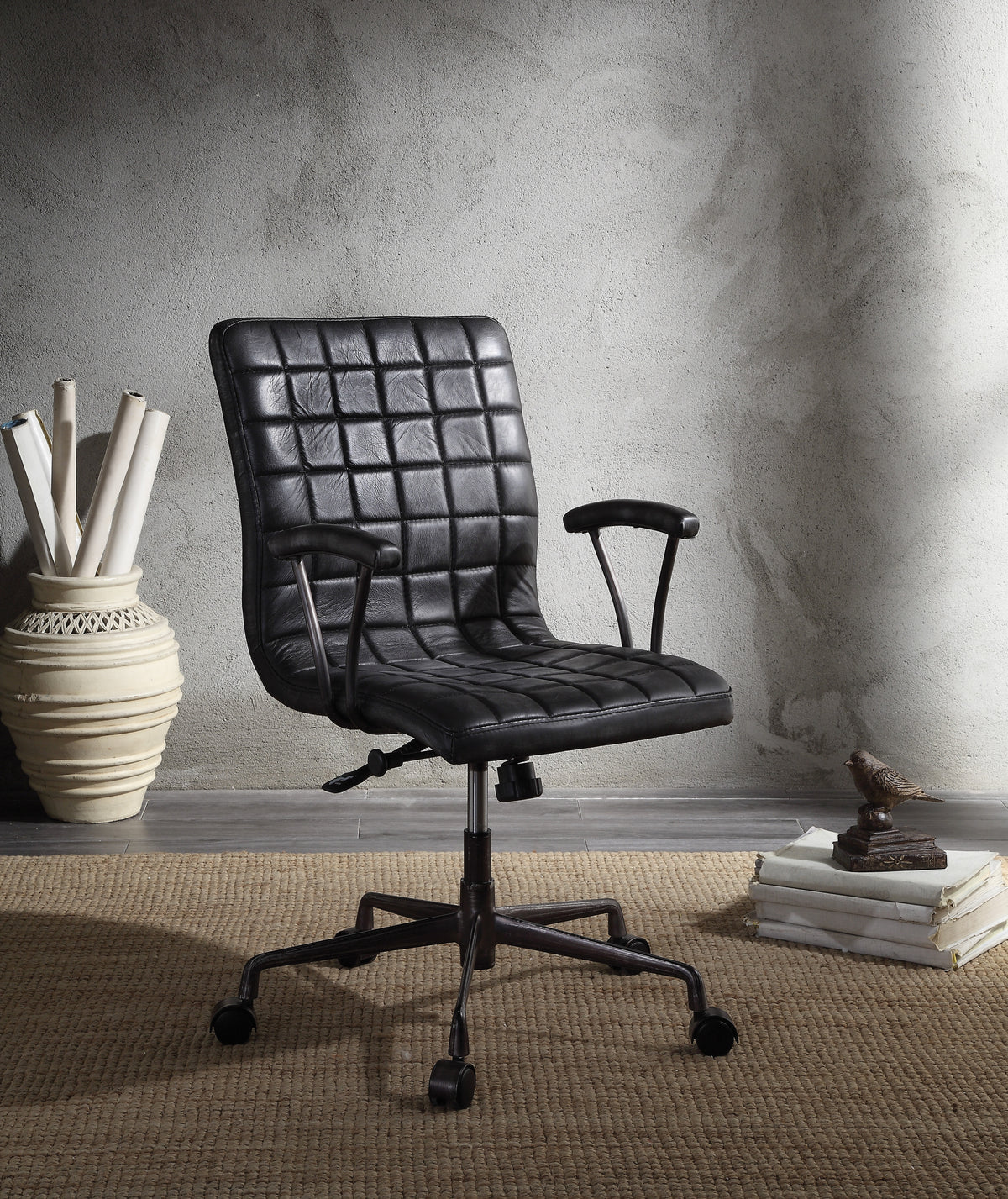 Barack Vintage Black Top Grain Leather & Aluminum Office Chair - Grand Goldman