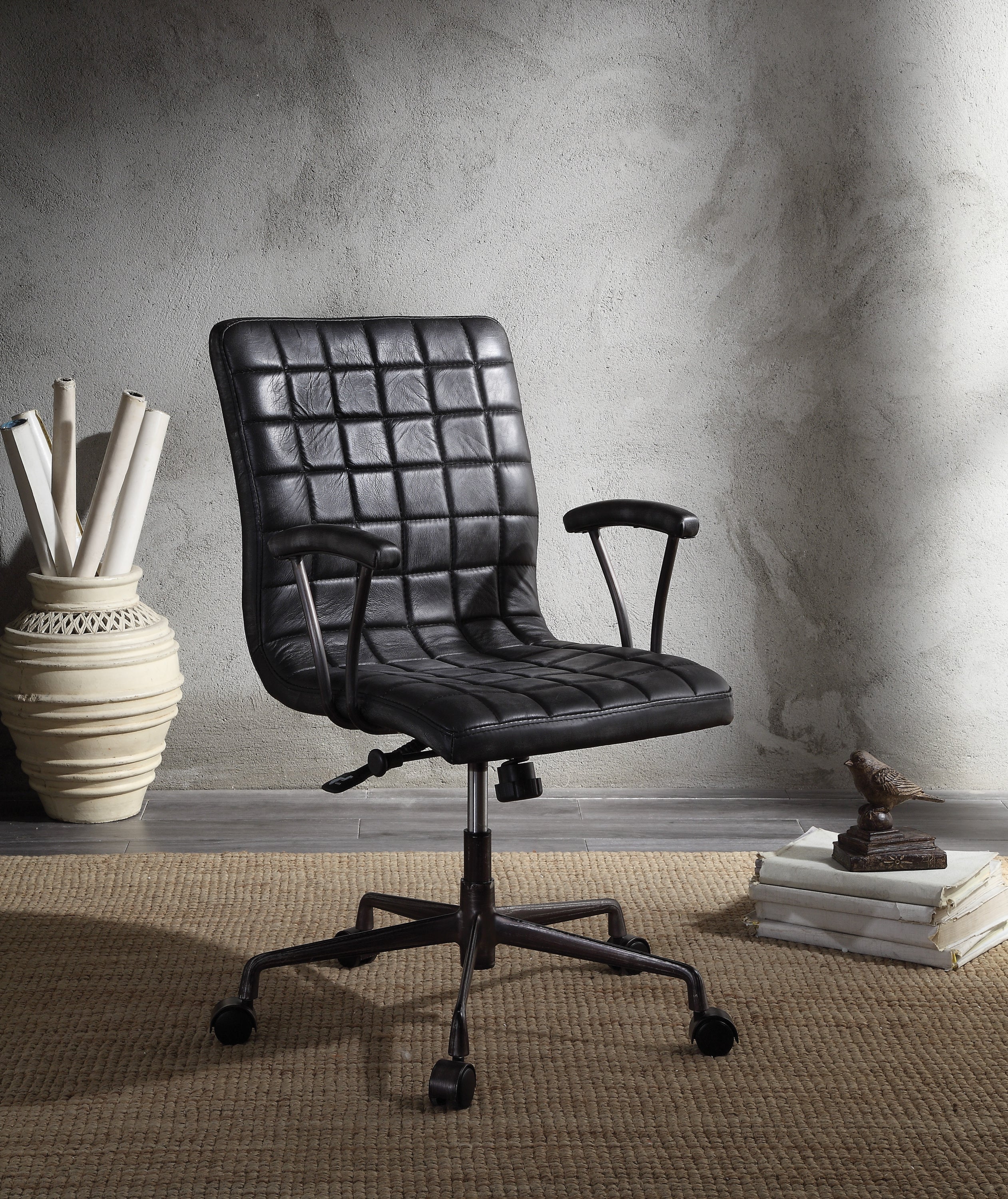 Barack Vintage Black Top Grain Leather & Aluminum Office Chair - Grand Goldman