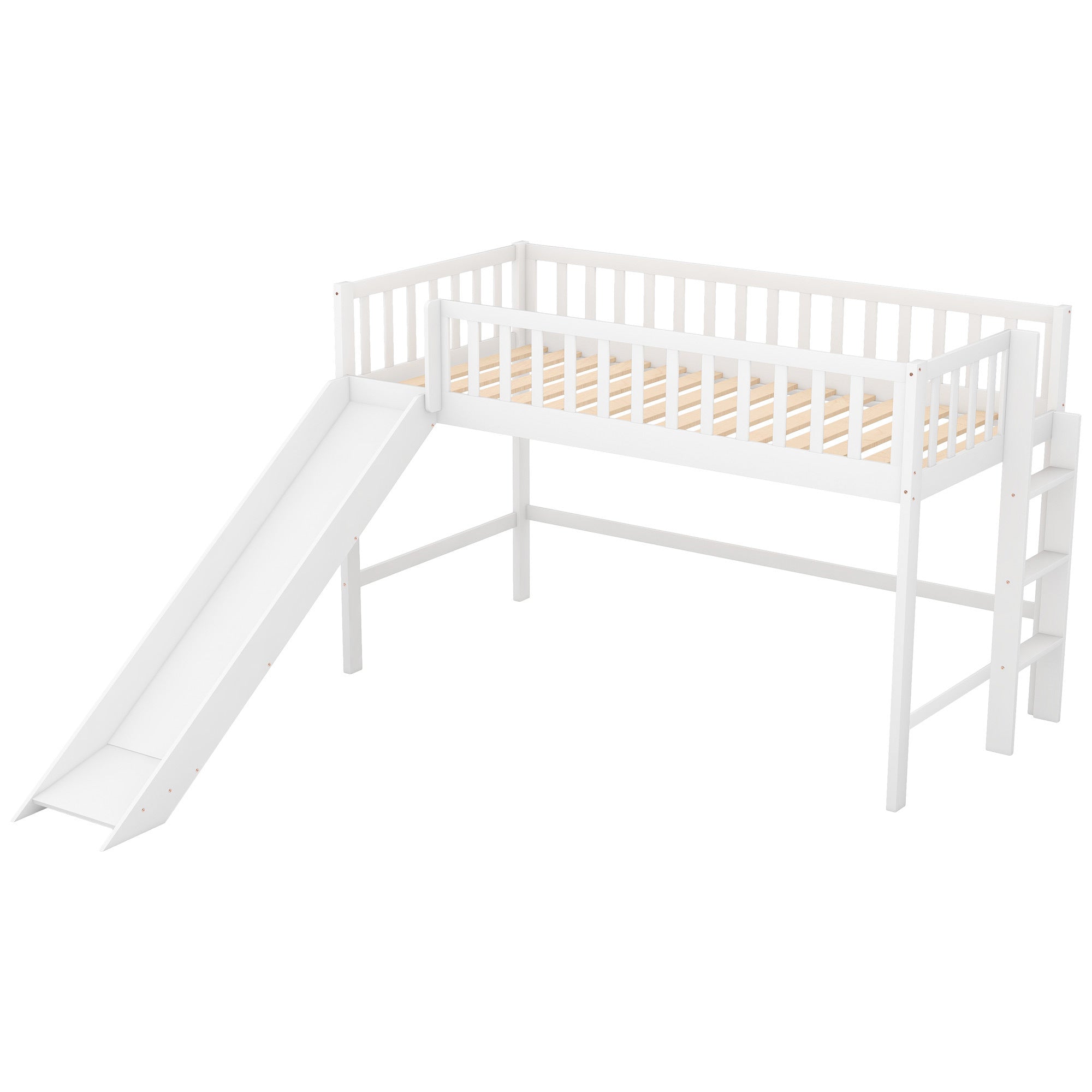 Twin Size Low Loft Bed with Ladder and Slide,White(OLD SKU:WF196418AAK) - Grand Goldman Shop