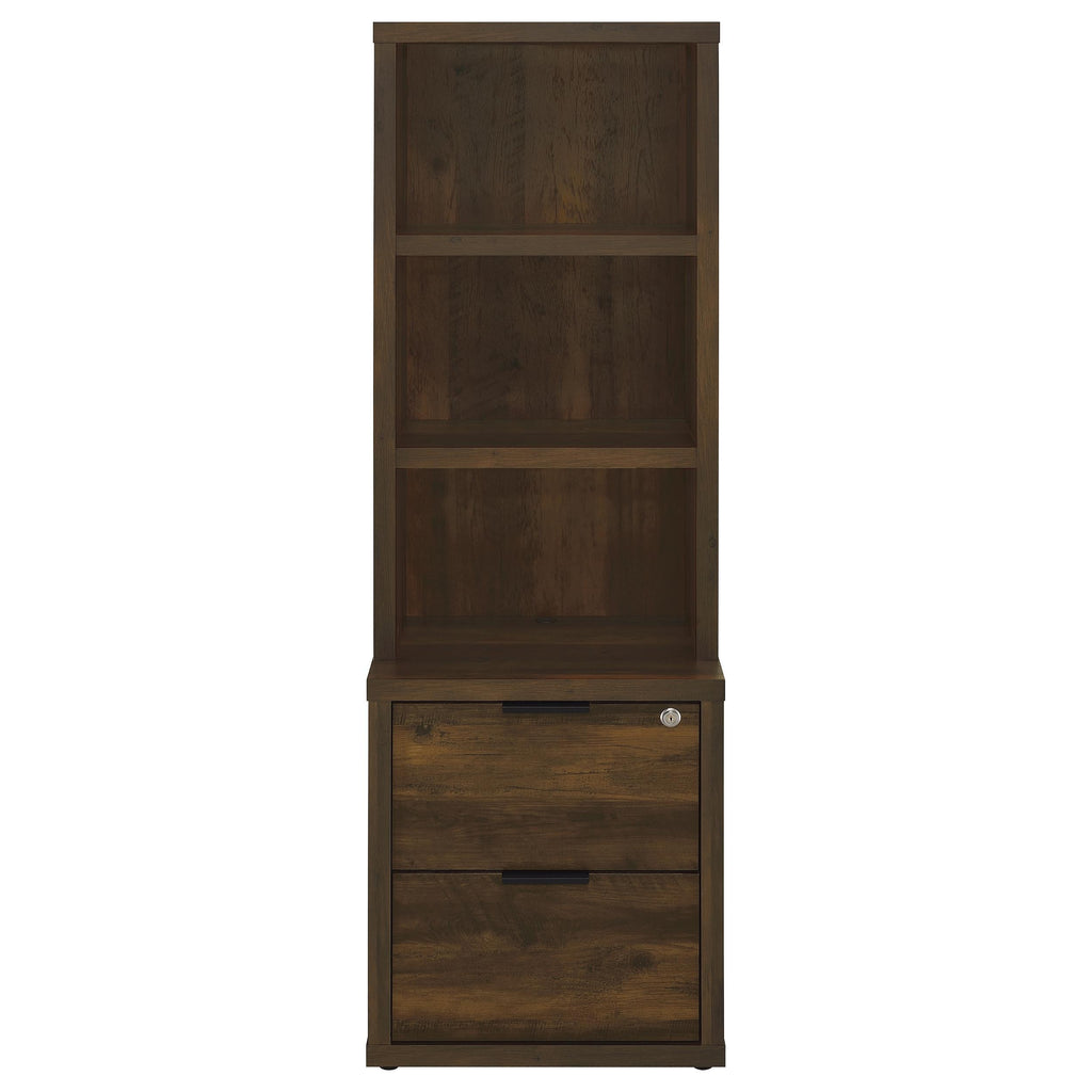 Geary Dark Pine 3-Shelf Bookcase with USB Charging and Lockable Top Drawer in Dark Brown Engineered Wood | Premium Home Decor