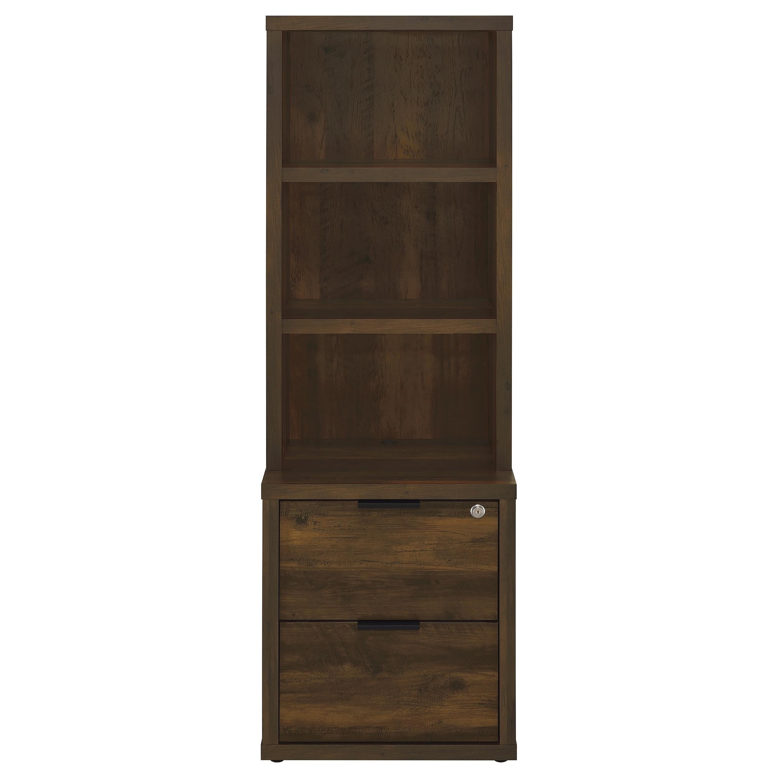 Geary Dark Pine 3-Shelf Bookcase with USB Charging and Lockable Top Drawer in Dark Brown Engineered Wood | Premium Home Decor