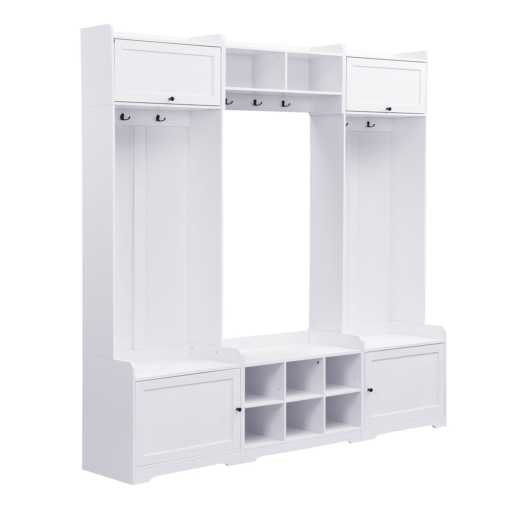 VIBE HAUS 79.1''Wide Modern Hall Tree with Shoe Storage, 4-in-1 Entryway Bench with 8 Cubbies, 7 Coat Hooks & Adjustable Shelf for Hallway, living room, White - Grand Goldman Shop