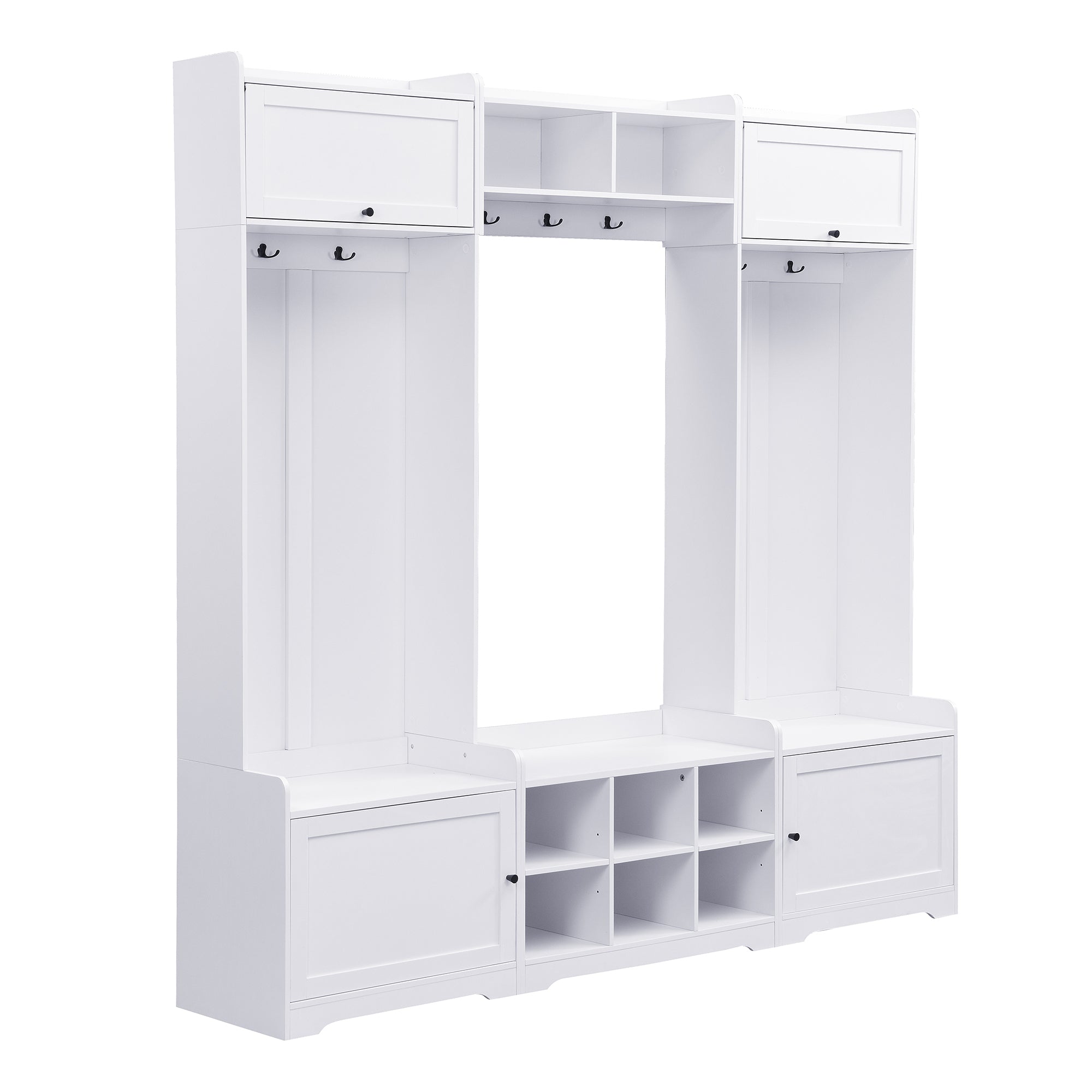 VIBE HAUS 79.1''Wide Modern Hall Tree with Shoe Storage, 4-in-1 Entryway Bench with 8 Cubbies, 7 Coat Hooks & Adjustable Shelf for Hallway, living room, White - Grand Goldman Shop