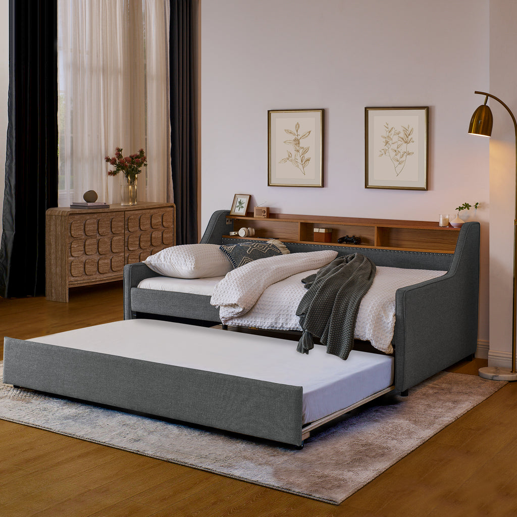 Grey Linen Upholstered Twin Sofa Bed with LED Lights, Storage Headboard, Foldable Trundle & Wireless Charging - Grand Goldman Shop