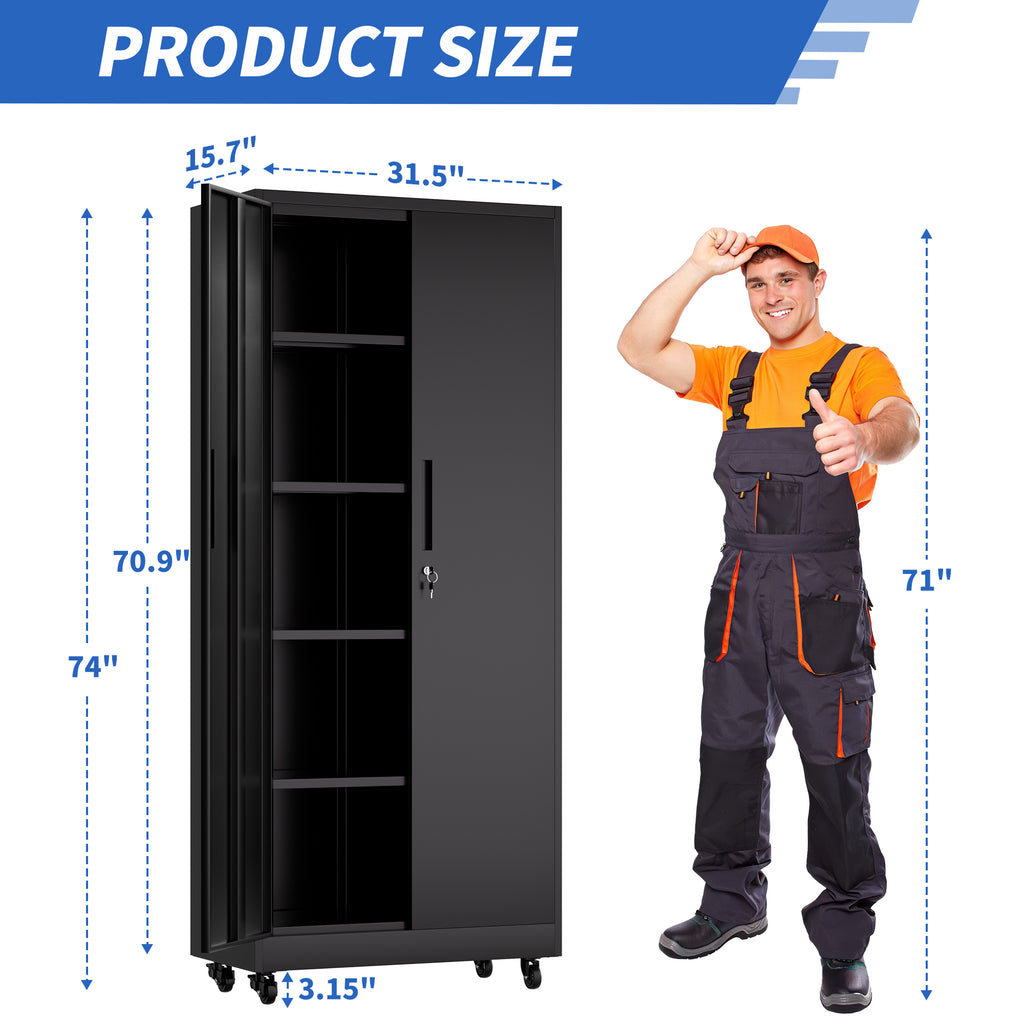71'H Metal Garage Storage Cabinet with Wheels and Lock, Heavy Duty Rolling Metal Cabinet, 4 Adjustable Shelves (180lb Each), 
