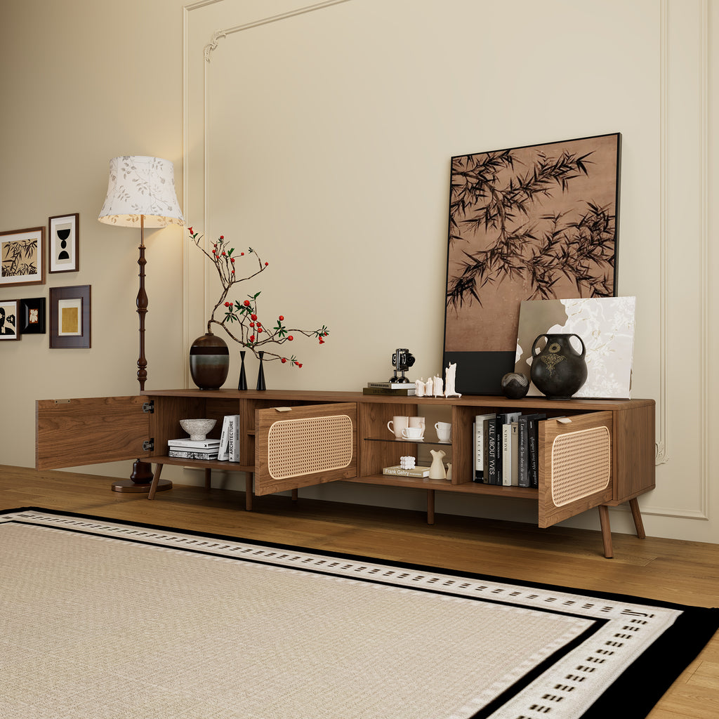 78' TV Stand for 75/80/85 inch TV with Walnut Finish, Ample Storage and Open Shelving in Solid Wood and Glass - Grand Goldman Shop