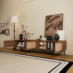 78' TV Stand for 75/80/85 inch TV with Walnut Finish, Ample Storage and Open Shelving in Solid Wood and Glass - Grand Goldman Shop