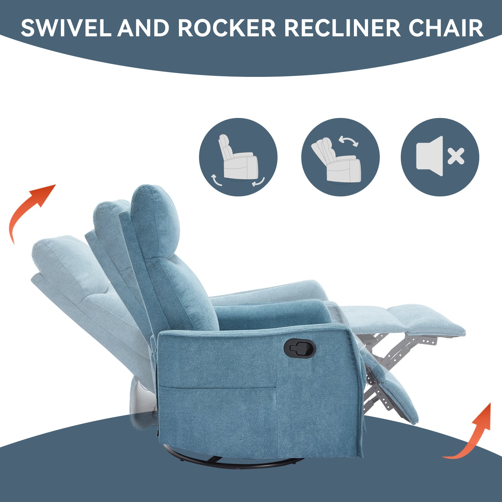 Heat Massage Manual Recliner Chair with Rocker and Swivel in Fabric for Living Room, Blue - Grand Goldman Shop