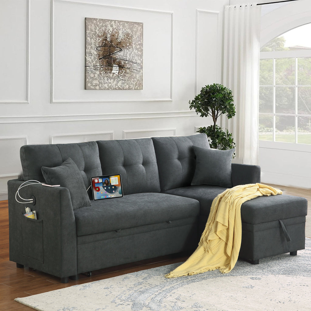 Sectional Sofa Bed L-Shaped Sofa Couch Bed with USB Port, Reversible Sofa Couch Sleeper with Pull Out Bed, Chaise with Storage, Pull Out Couch for Living Room - Grand Goldman Shop