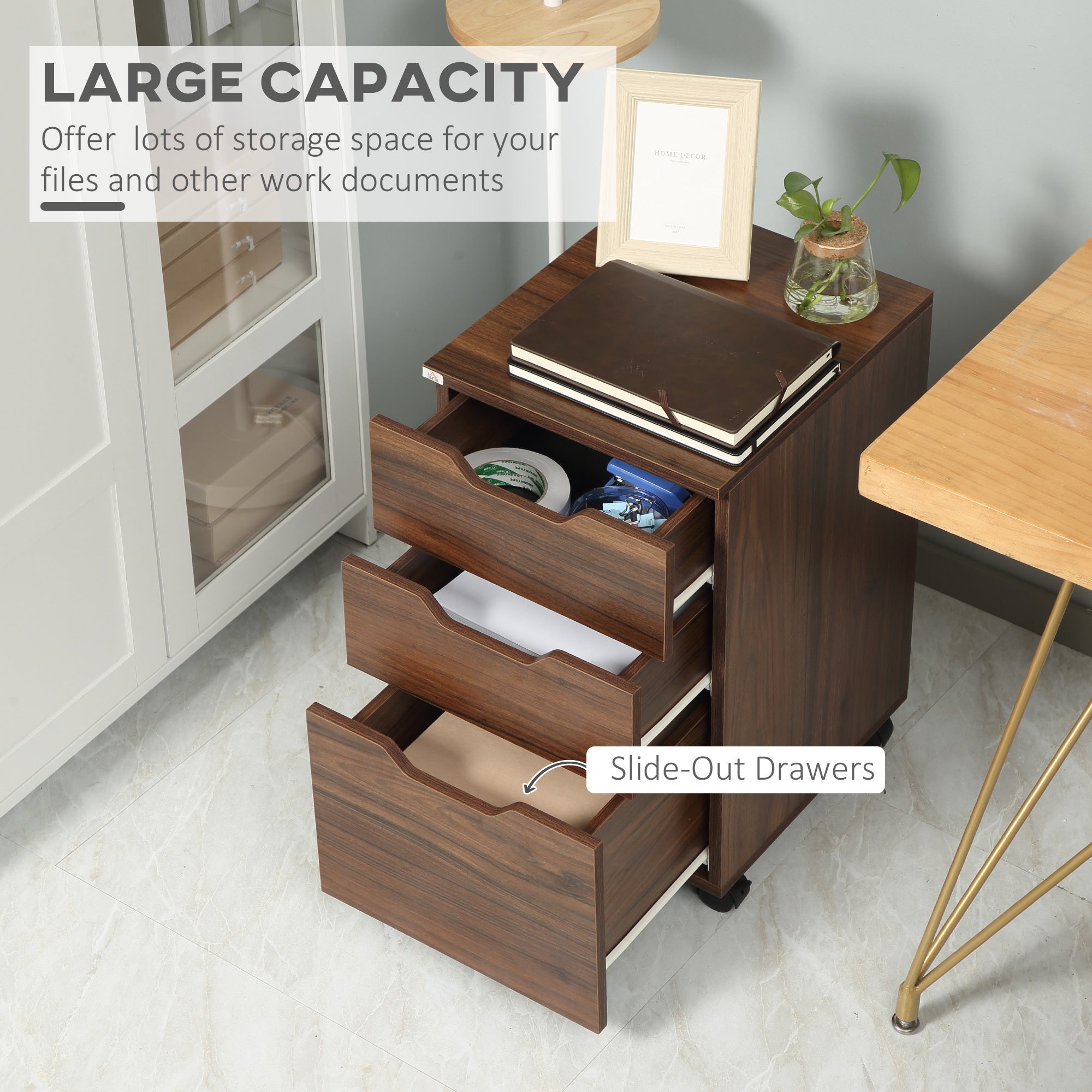 HOMCOM 3 Drawer Office Storage Cabinet, Under Desk Cabinet with Wheels, Brown Wood Grain | Premium Home Decor - Grand Goldman