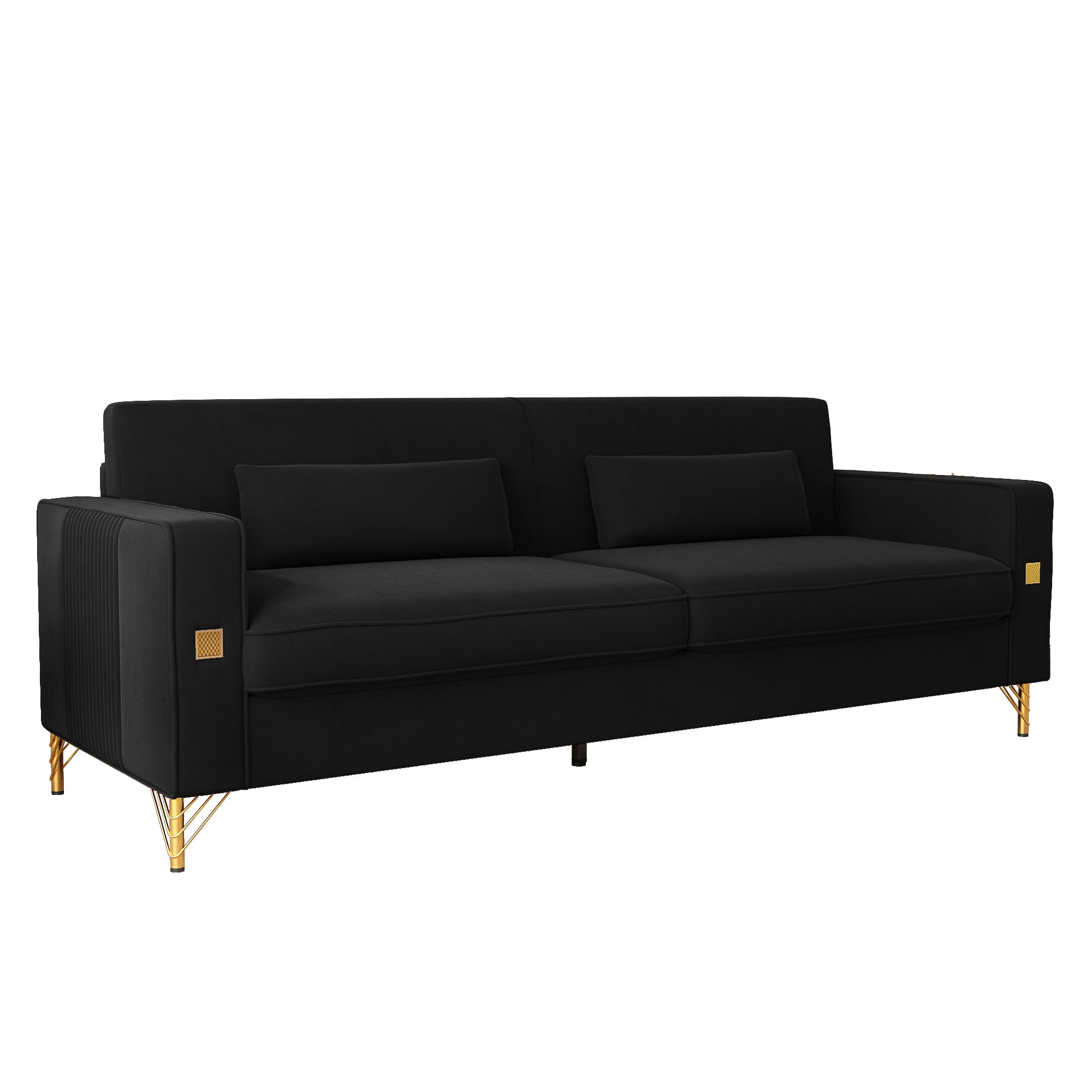 FX-P18-BK(sofa)Luxury Velvet Sofa with Gold Accents - Modern 3-Seat Couch with Plush Cushions, Perfect for Living Room and Office Decor - Grand Goldman Shop