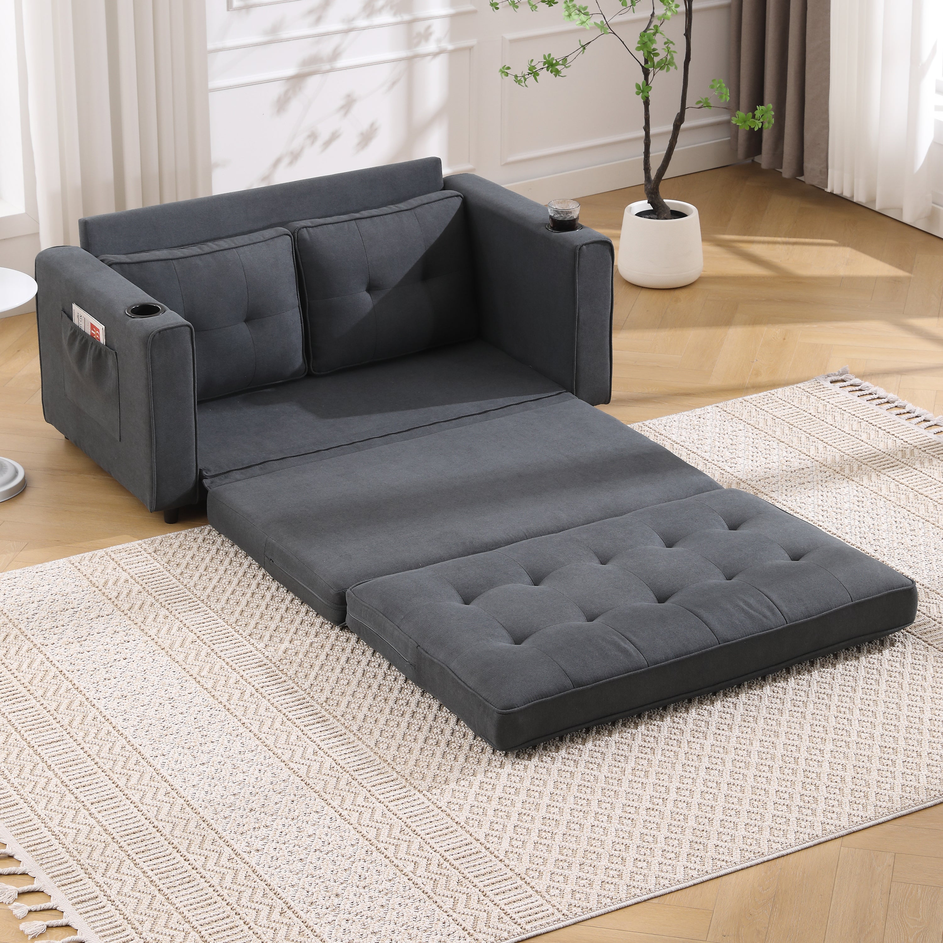 {VIDEO Provided}3-in-1 Upholstered Futon Sofa Convertible Sofa bed,Foldable Tufted Loveseat with Pull Out Sleeper Couch Bed,Folding Mattres Love Seat Daybed W/Side Pockets and Cup Holder, Dark Gray - Grand Goldman Shop
