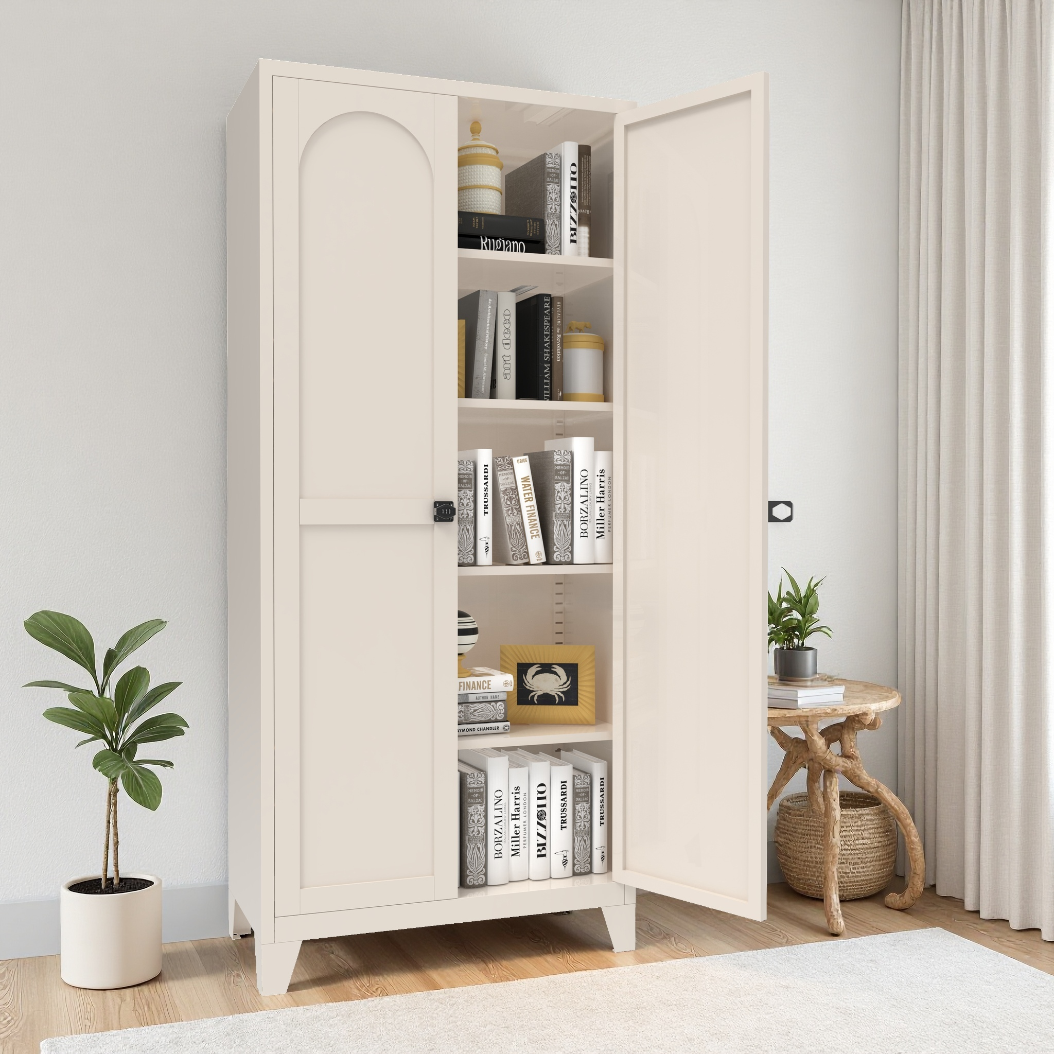 71'' 2 Shapely Doors Cabinet with Lock, Metal Storage Cabinet with Doors and Adjustable Shelves, for Bedroom, Living Room, Kitchen (Beige) - Grand Goldman Shop