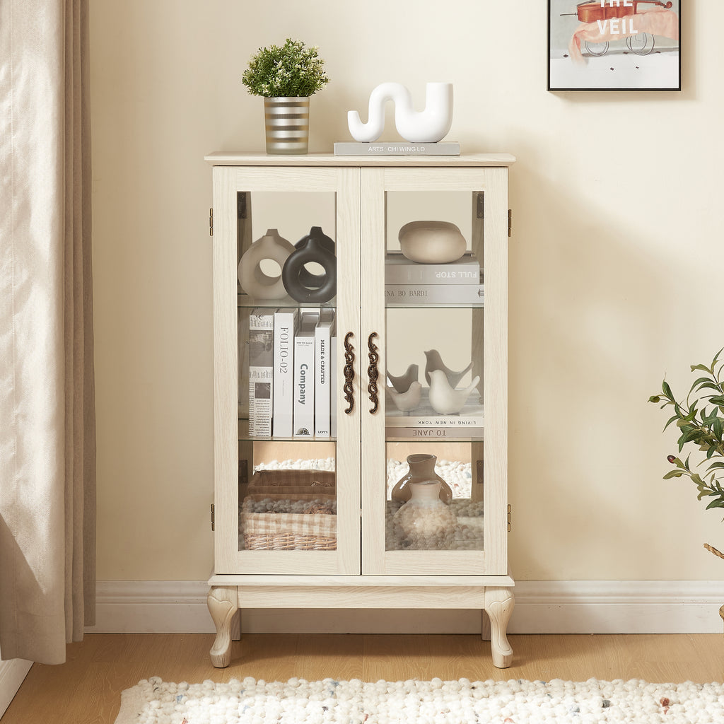 2 Doors Curio Cabinet with Tempered Glass Doors, Curio Cabinets with Mirrored Back Panel and Adjustable Shelves, Lighted Display Cabinet for Home, Office Light Bulb Included White - Grand Goldman Shop
