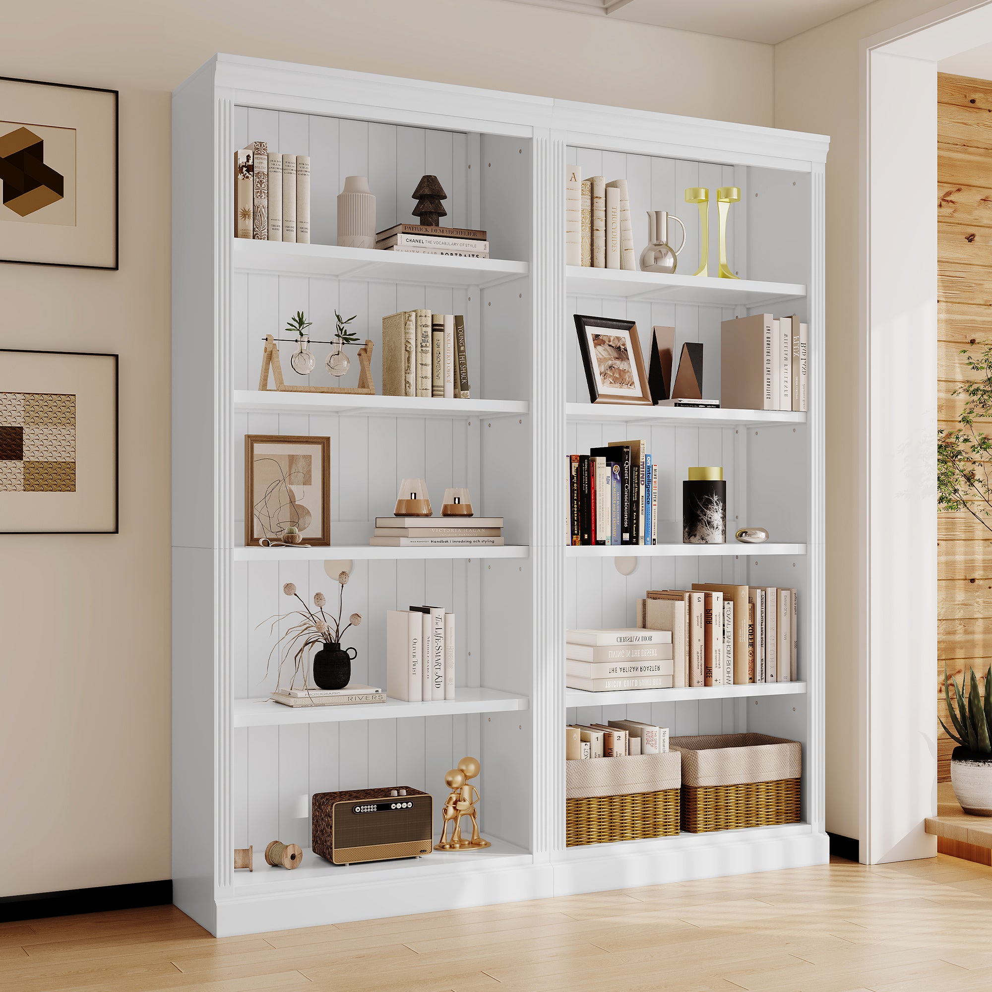 83' Tall Wood Bookcase Suite ,5-Tier Home Decor Bookshelves Suite with Adjustable Shelves,Storage Organizer for CDs/Books/Movies,Free Standing Storage Shelves Suite for Living Room,Office,White