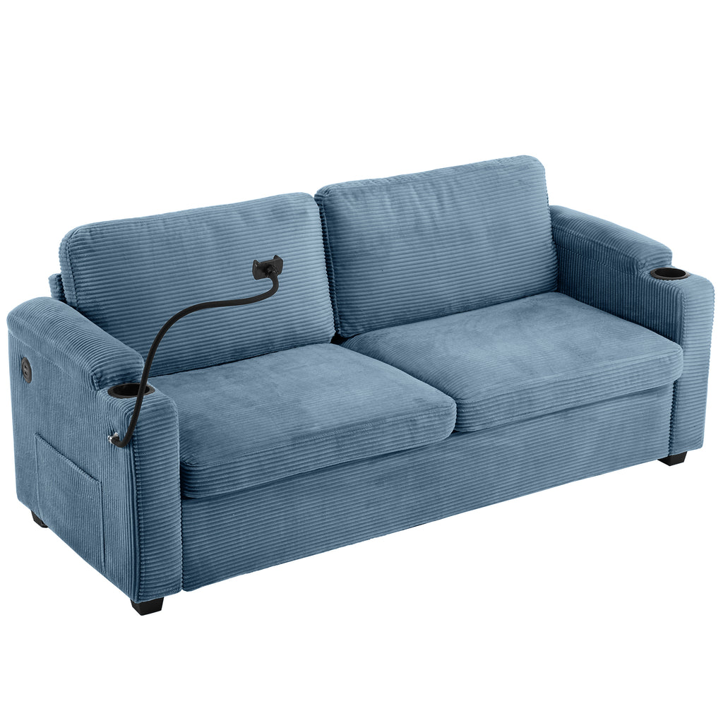 Navy Blue Corduroy Sleeper Sofa Loveseat with Full Size Mattress, USB Ports, Cup Holders, Side Pockets and Phone Holder - Grand Goldman Shop