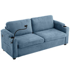 Navy Blue Corduroy Sleeper Sofa Loveseat with Full Size Mattress, USB Ports, Cup Holders, Side Pockets and Phone Holder - Grand Goldman Shop