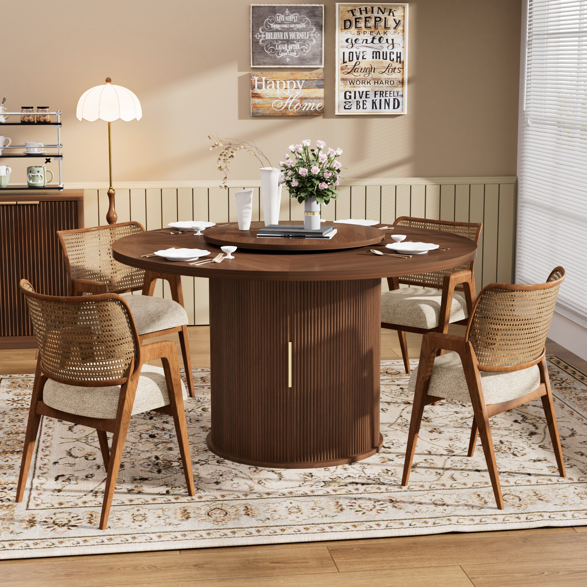 55-inch round dining table for six, featuring a double-tiered storage rack and a rotating tabletop tray. Wooden wavy-striped sliding doors. Ideal for home dining room living room (Walnut). - Grand Goldman Shop