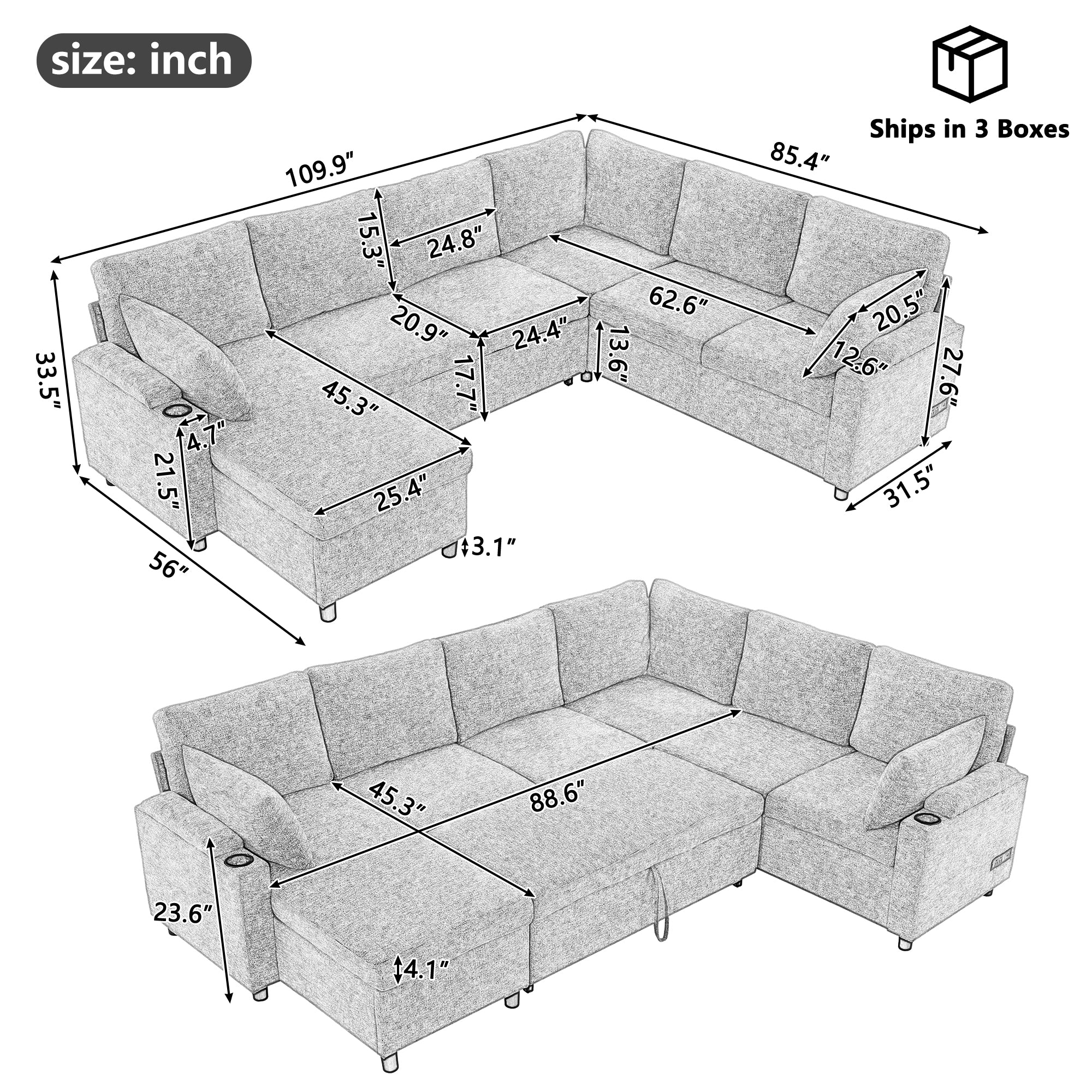 Versatile U-Shaped Sectional Sofa Bed with Storage, Cup Holders, Charging Ports in Grey Chenille - Grand Goldman Shop