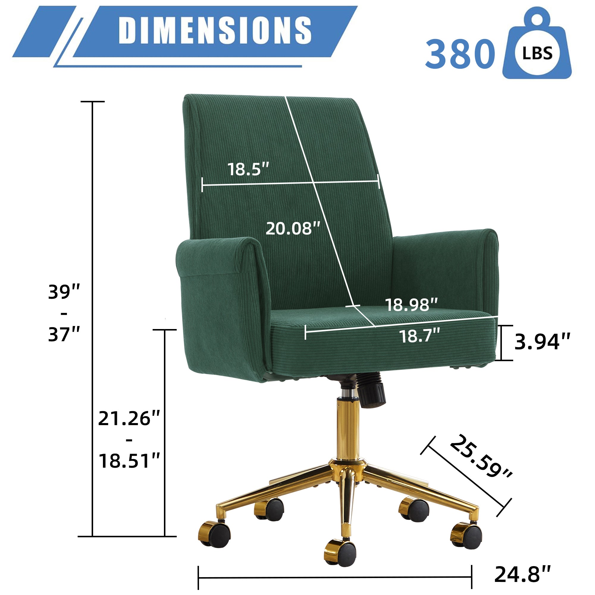 Ergonomic Mid-Back Office Chair with Striped Fabric, Green Corduroy, Adjustable Lumbar Support, Ideal for Work, Study, or Rel