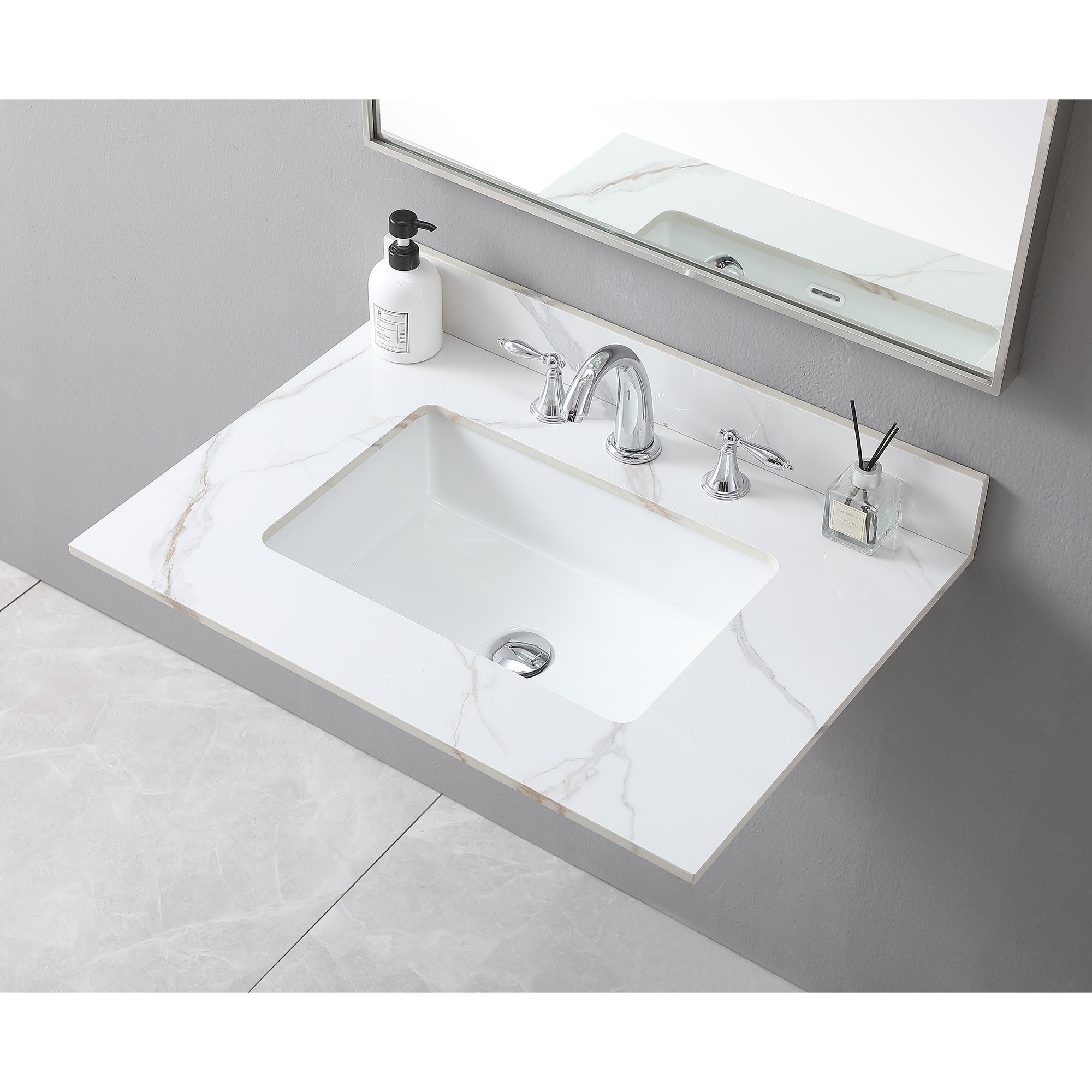 Montary 31inch bathroom vanity top stone carrara gold  new style tops with rectangle undermount ceramic sink  and back splash with 3 faucet hole  for bathrom cabinet - Grand Goldman Shop
