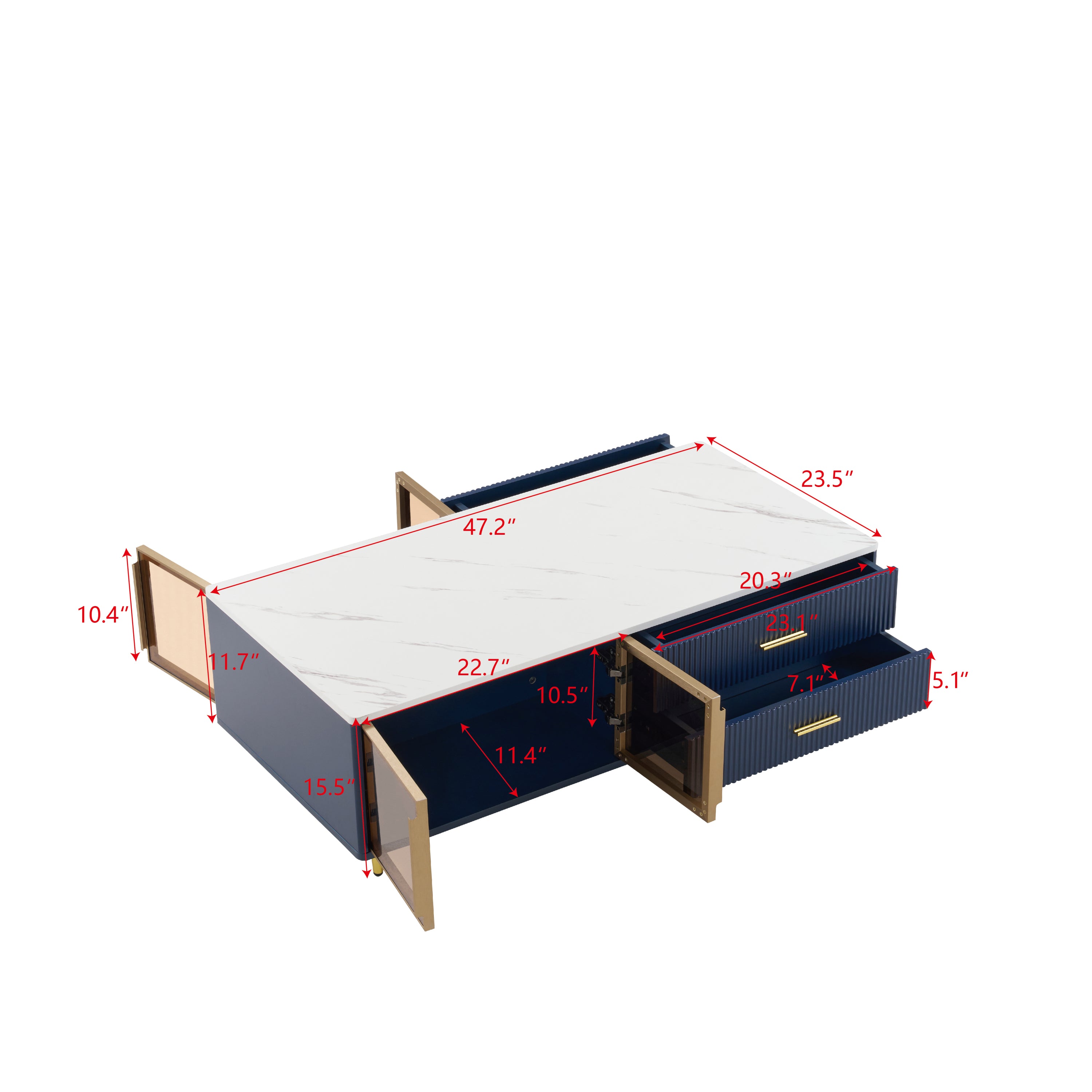 Modern Navy Blue Coffee Table with 2 Glass Door Storage, 4 Drawers, Gold Metal Legs, and Multi-Color Lighting in 47.2'' - Grand Goldman Shop