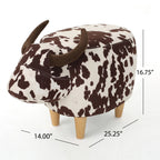 Cow-Shaped Modern Ottoman Footstool in Brown and White Fabric with Velvet Horns, Birch Legs, 25.25 x 14.00 x 16.75 inches - Grand Goldman Shop