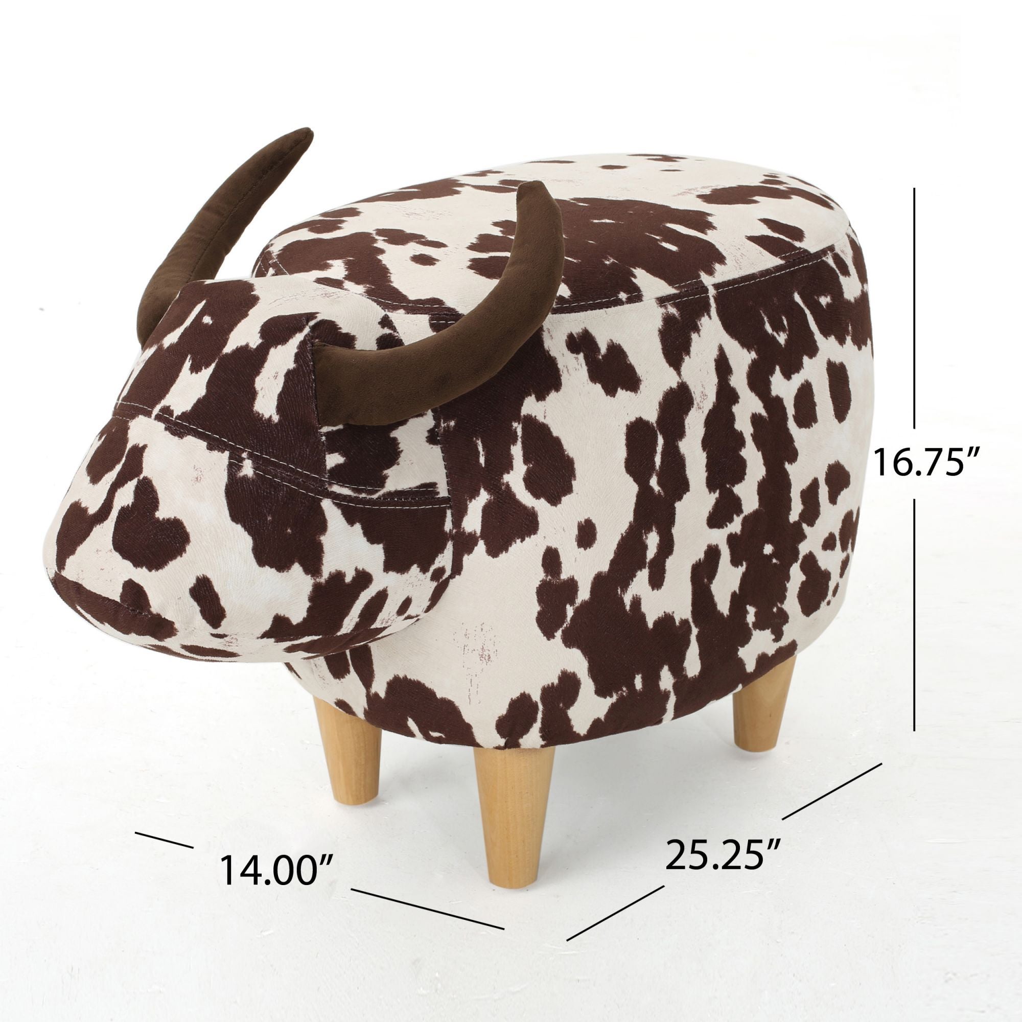 Cow-Shaped Modern Ottoman Footstool in Brown and White Fabric with Velvet Horns, Birch Legs, 25.25 x 14.00 x 16.75 inches - Grand Goldman Shop