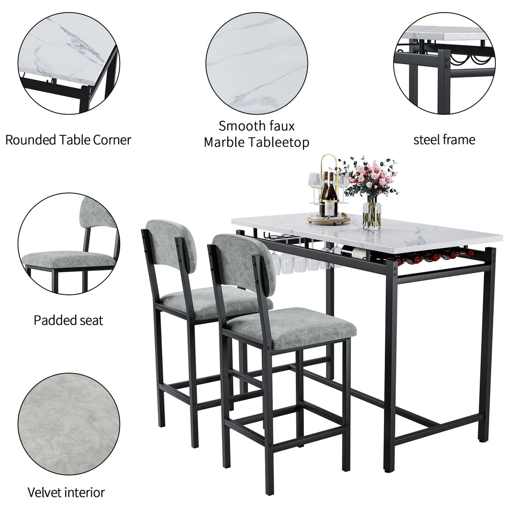 Modern Dining Table and Chairs for 2, Marble Finishes Dining Table Set with 2 Upholstered Chairs, Kitchen Table Set Bar Pub Set for Breakfast Nook, Dining Room, Rustic Black, Grey Chair - Grand Goldman Shop