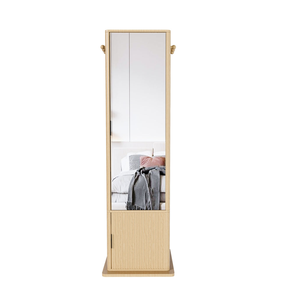 360° Rotating Makeup Cabinet in Walnut with Full-Length Mirror, Jewelry Storage, Coat Rack, 4 Open Shelves & 2 Built-In Shelves - Grand Goldman Shop