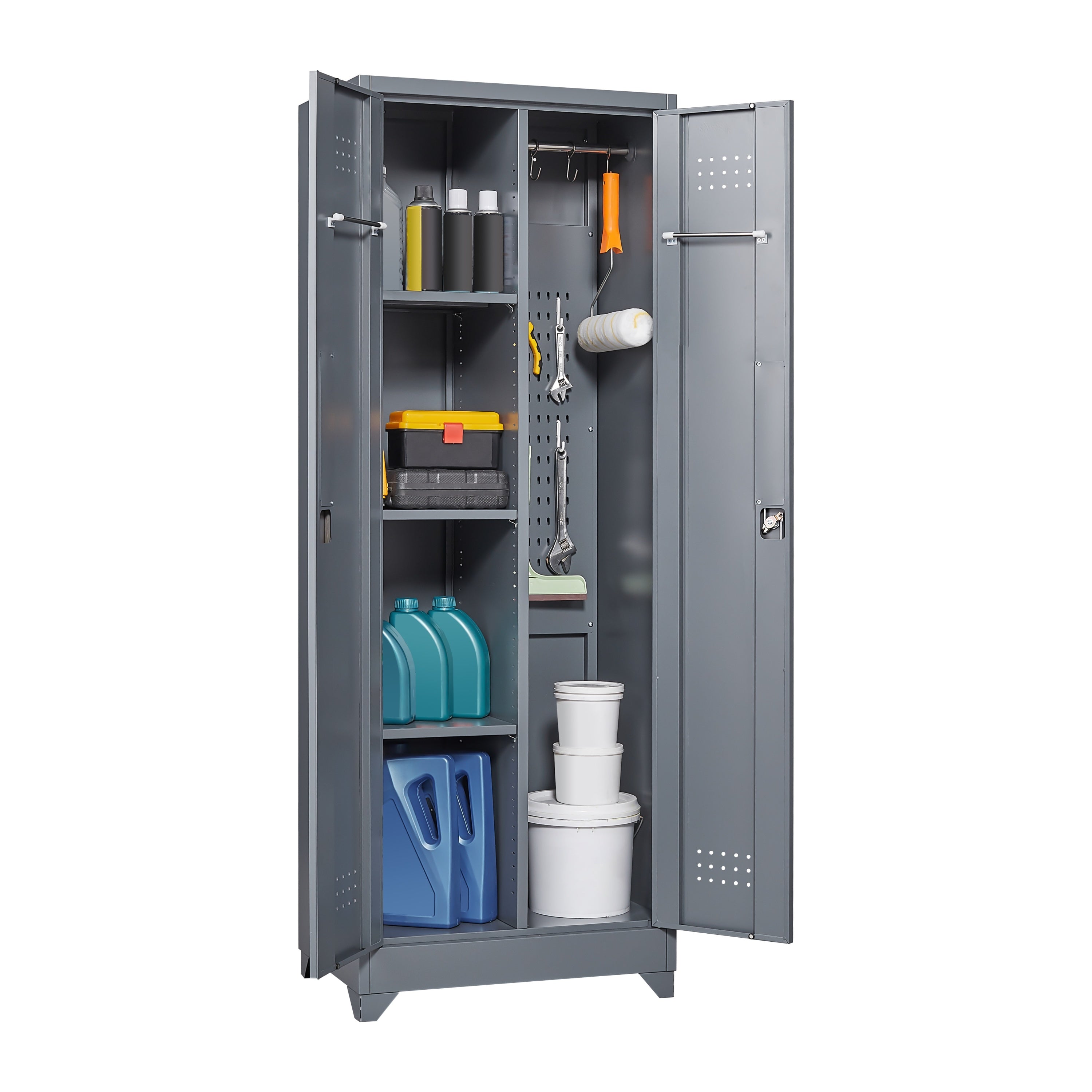 Grey Heavy Duty Metal Storage Cabinet with Locking Doors, Hanging Rod & Shelves, 65' H Broom Closet for Garage or Basement | 