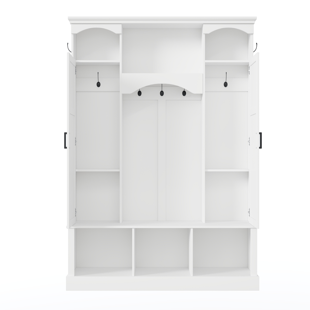 ON-TREND Modern All-in-One Hall Tree with Adjustable Shelves, Classic Arched Farmhouse Storage Bench with Dual Side Cabinets, Elegant Entryway Organizer with 7 Hooks for Mudroom, Hallway, White - Grand Goldman Shop