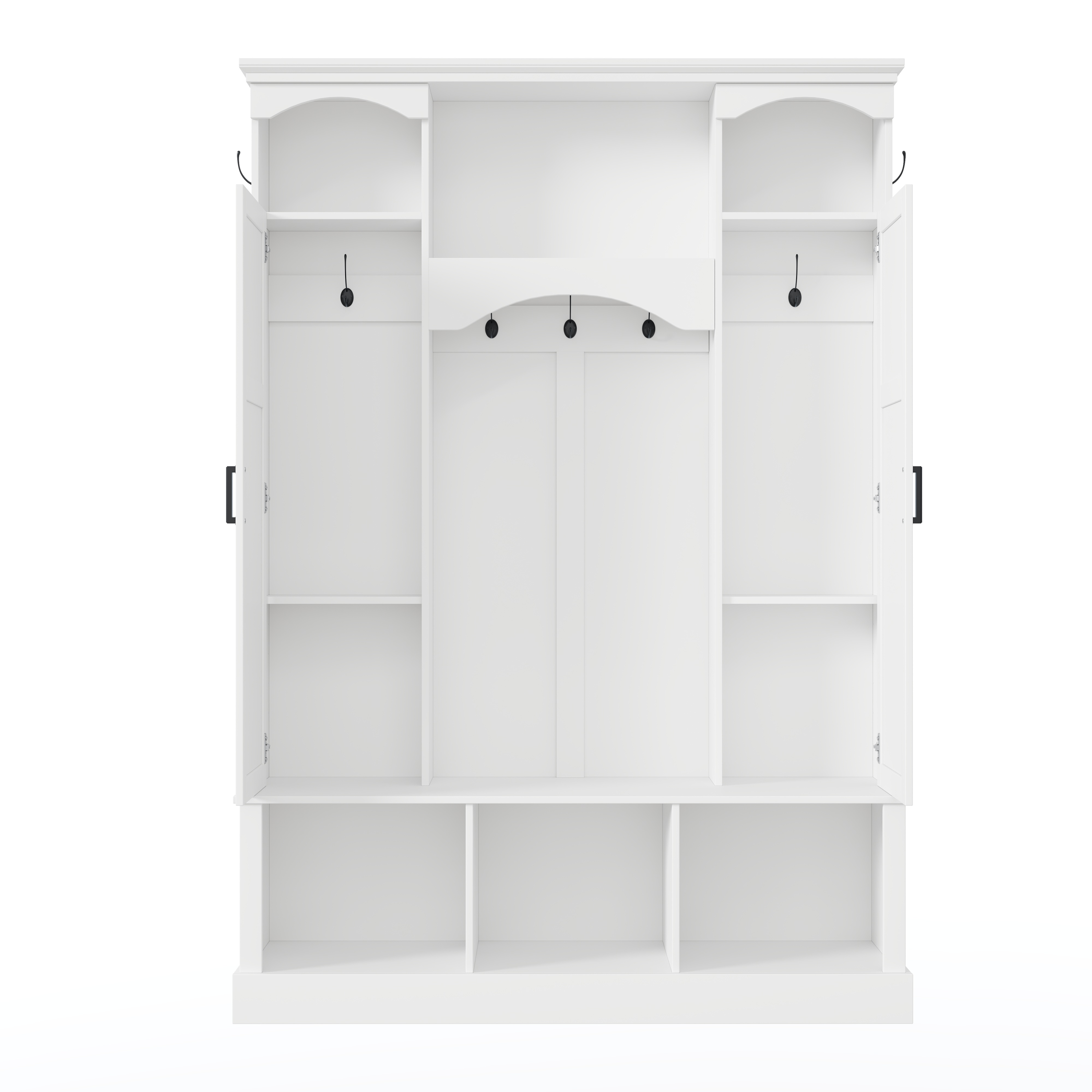 ON-TREND Modern All-in-One Hall Tree with Adjustable Shelves, Classic Arched Farmhouse Storage Bench with Dual Side Cabinets, Elegant Entryway Organizer with 7 Hooks for Mudroom, Hallway, White - Grand Goldman Shop
