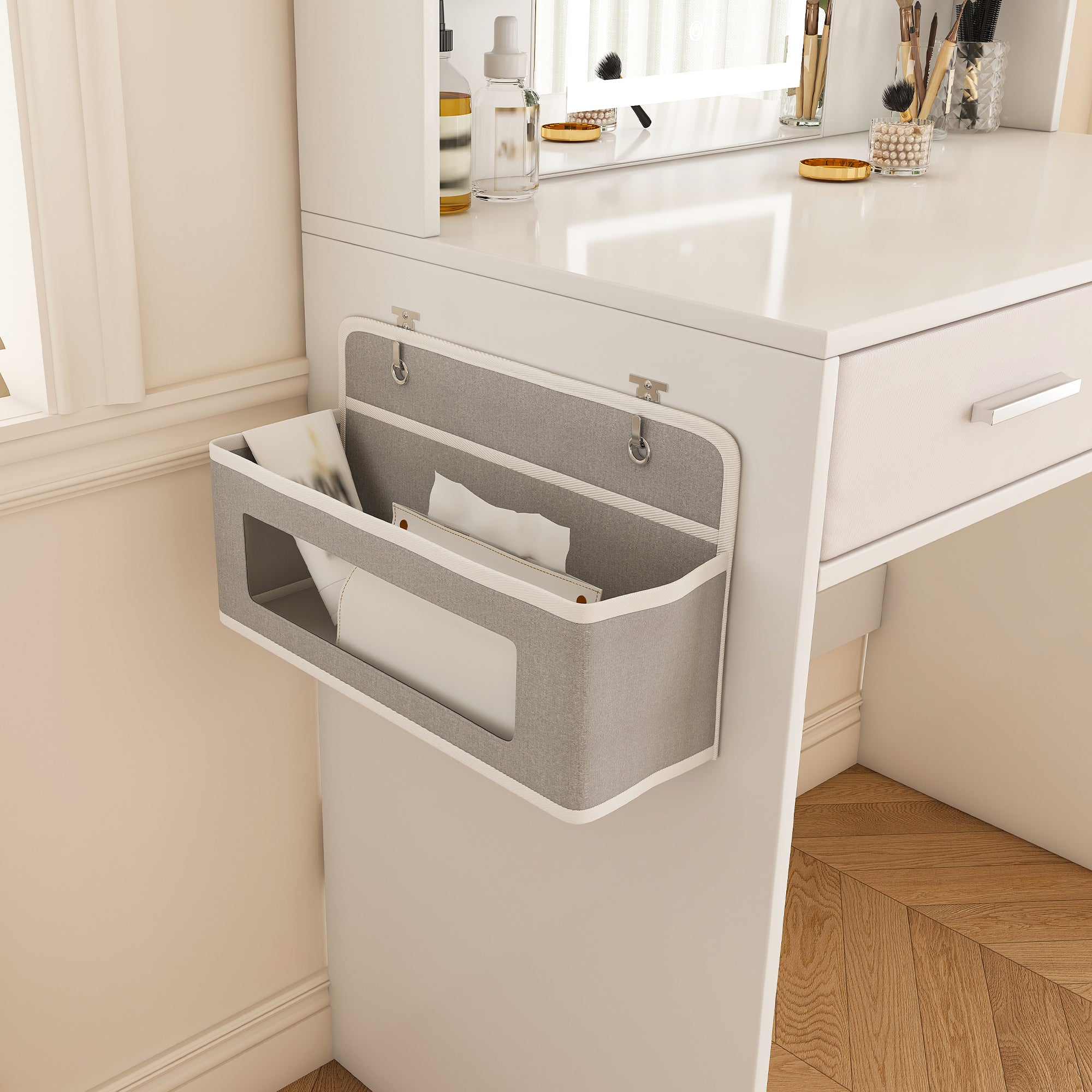 Elegant LED Mirror Vanity Dressing Table with Adjustable Lights, Drawers & Storage, White MDF, 27.56 x 15.75 Inches - Grand Goldman Shop