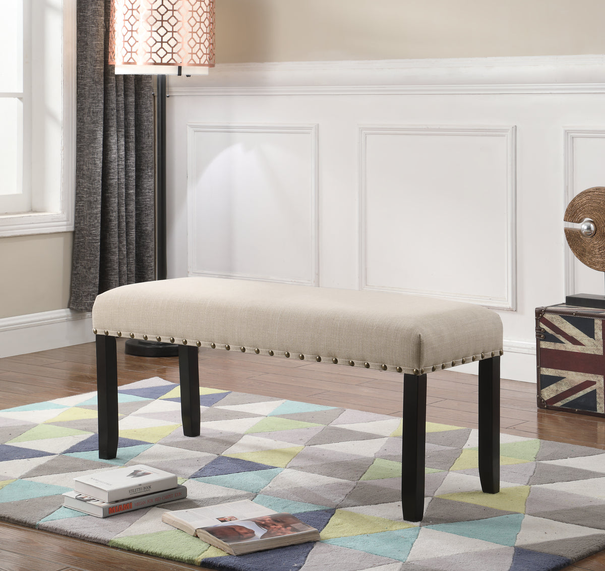 Biony Fabric Dining Bench with Nailhead Trim, Tan - Grand Goldman Shop