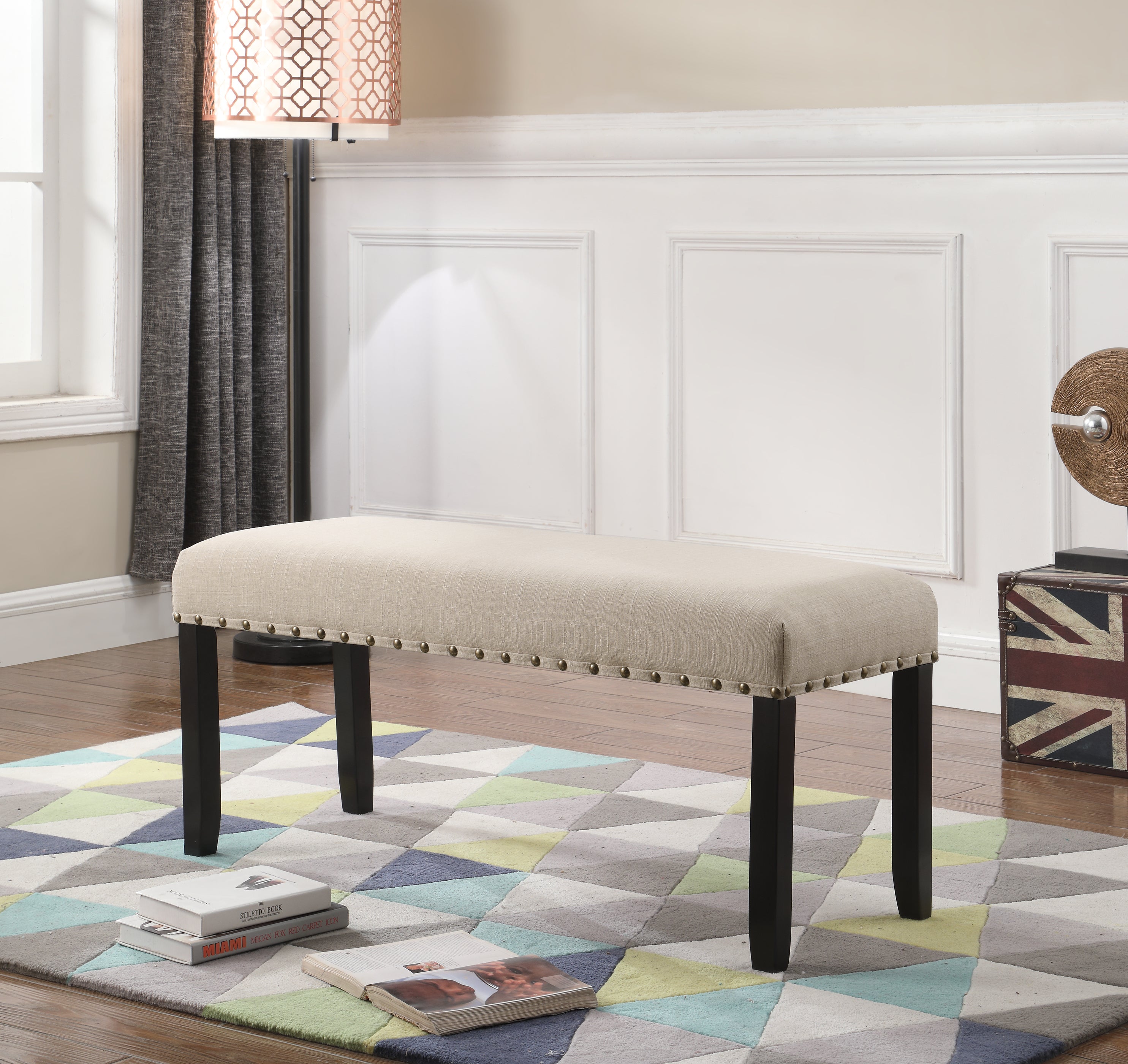 Biony Fabric Dining Bench with Nailhead Trim, Tan - Grand Goldman Shop