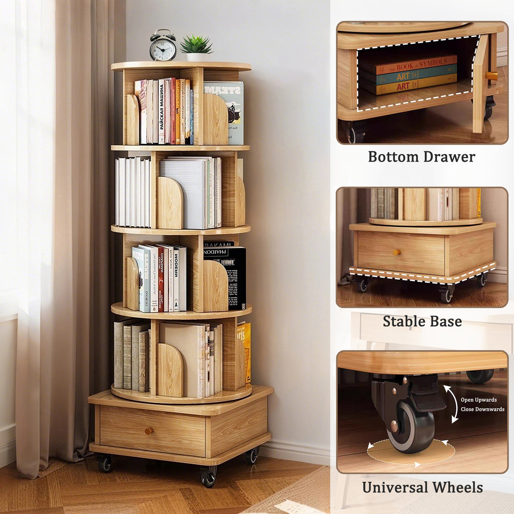 5 Tier Rotating Bookshelf, 360° Display Round Spinning Bookshelf with Wheels, Space-Saving, Small Space Rotating Bookshelf Tower for Bedroom, Living Room, Home, Office, Wood Color - Grand Goldman Shop