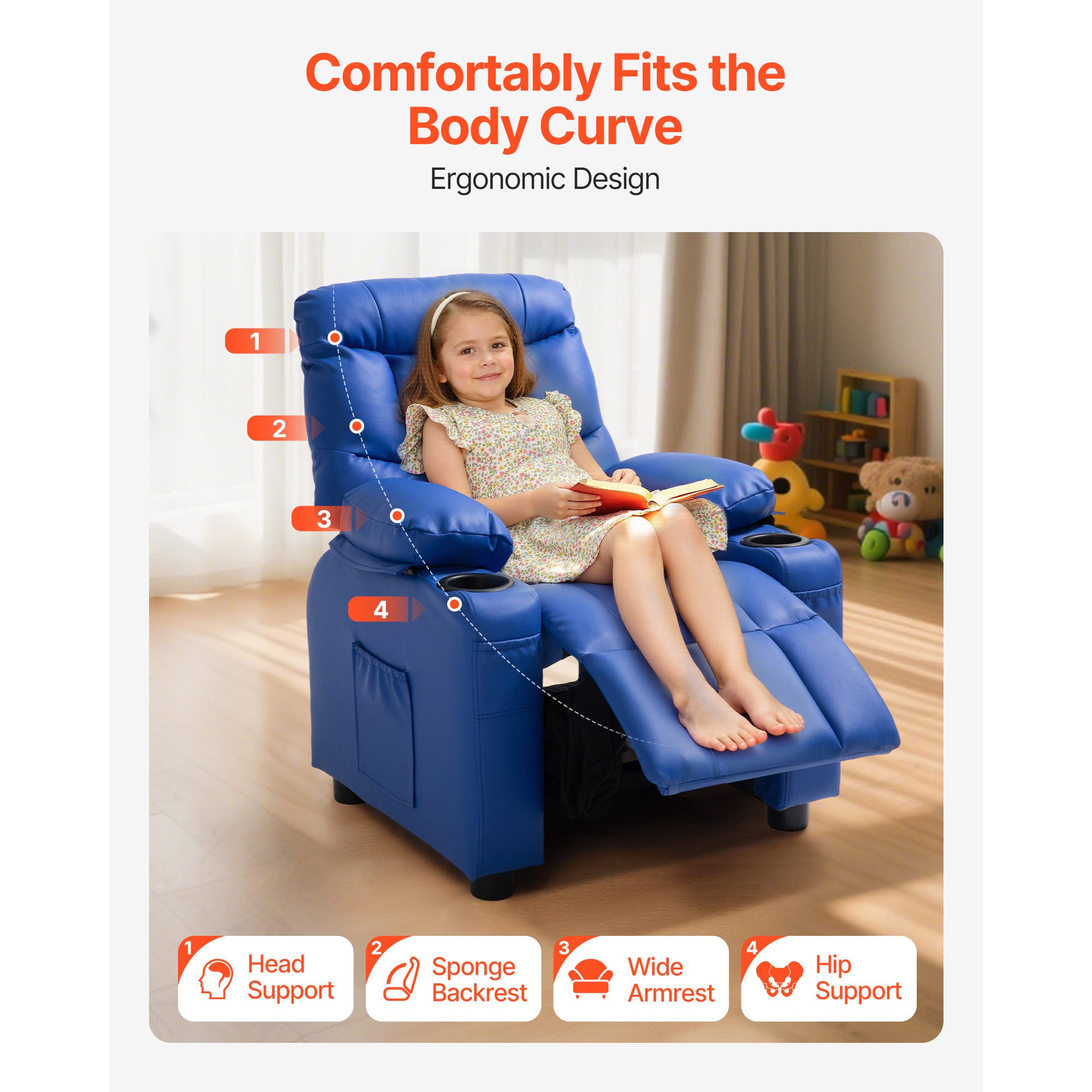 Kids Reclining Chair, Toddler Recliner with 2 Cup Holders and 4 Pockets, 107° to 126° Adjustable Back, Easy-to-Clean PU Leath