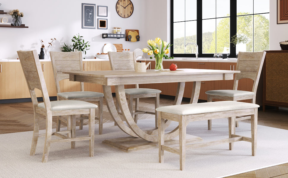 TOPMAX Modern Style Natural Wood 6-Piece Dining Table Set with Bench and Chairs, Upholstered Seats, Rubberwood Frame - Grand Goldman Shop