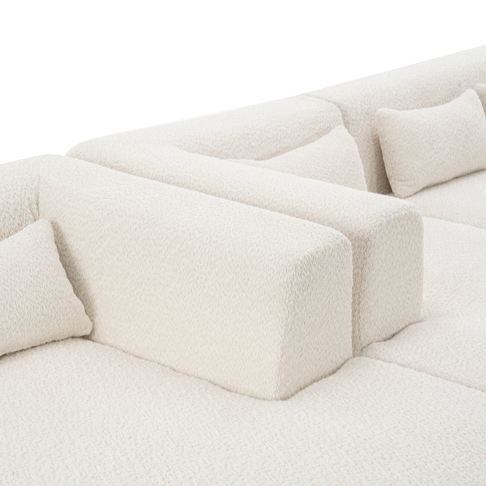 Modern Upholstered L-Shape Sofa with Chaise Lounge and Back Pillows, Beige Boucle Fabric, 144 inches - Grand Goldman Shop