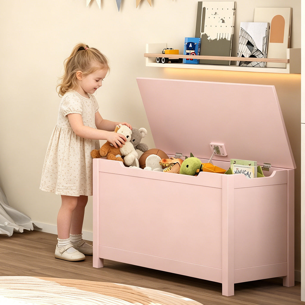Kids Wooden Toy Box Storage with Safety Hinged Lid for Ages 2+ (Pink) | Premium Home Decor - Grand Goldman