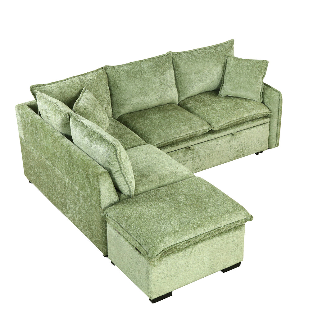 Convertible Sofa Bed Sectional Sofa Sleeper with Storage Ottoman, Green Chenille, 82.67 inches - Grand Goldman Shop