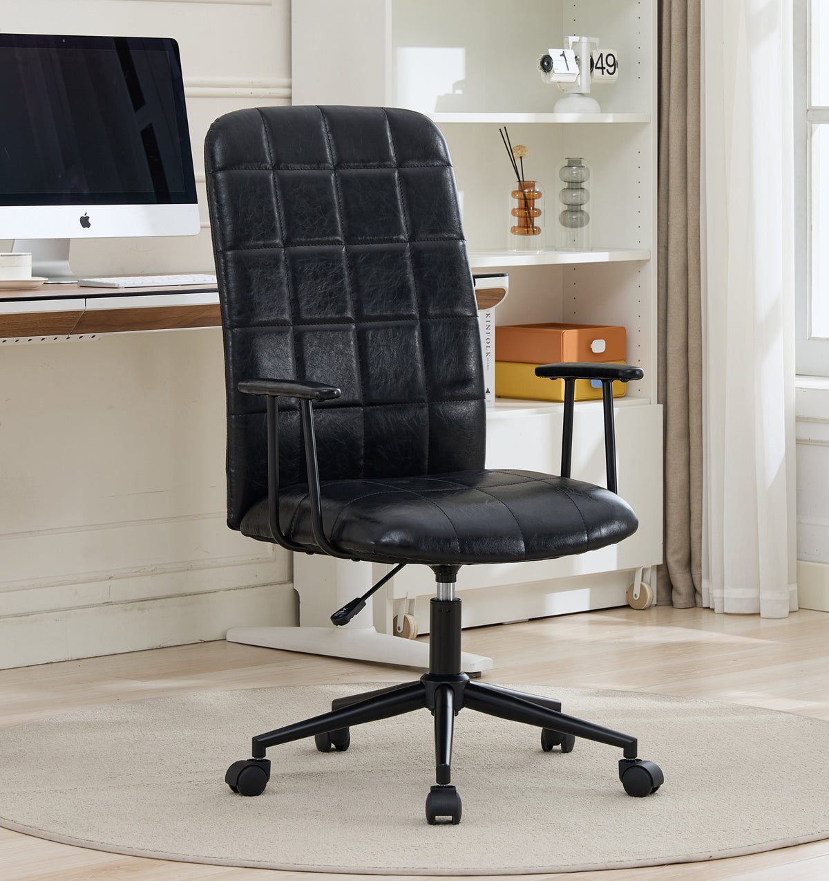 Antique black PU leather color office chair, with armrest, high backrest, soft foam seating, 360 degree swivel , up and down 