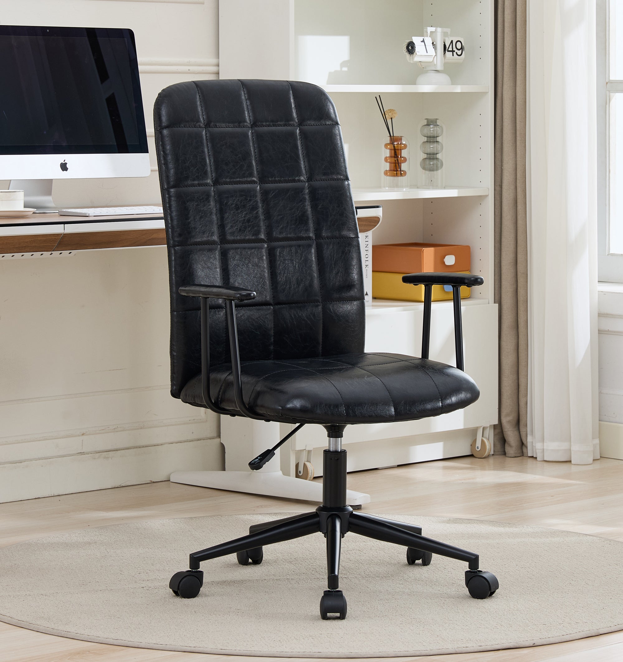 Antique black PU leather color office chair, with armrest, high backrest, soft foam seating, 360 degree swivel , up and down 