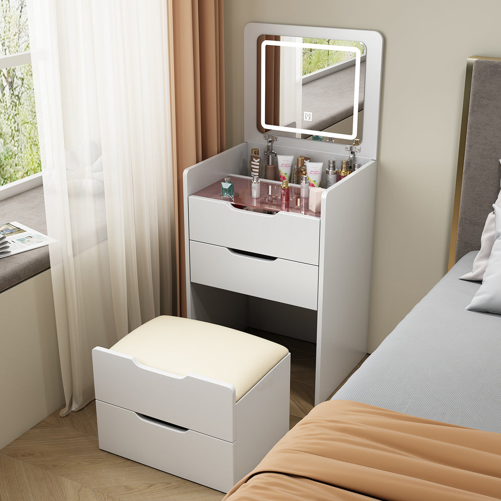 ( 48CM ) 3 in 1 Vanity Desk with Plip Top Mirror, Small Make Up Vanity Set with Visible Glass Desktop, Compact Makeup Vanity with 3 Drawers, Dressing Table for Bedroom ( WHITE COLOR ) - Grand Goldman Shop
